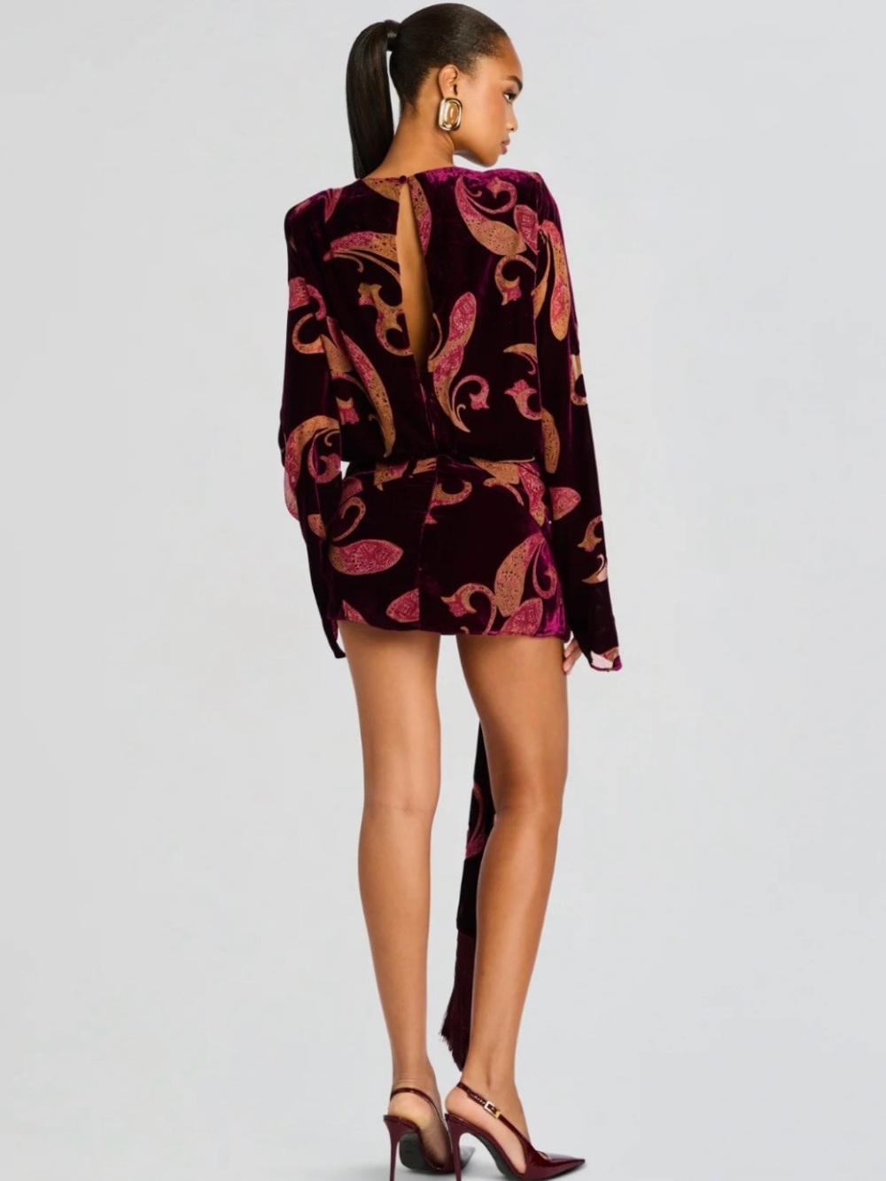 Retrofete Burgundy Velvet Paisley Tie-Waist Long Sleeve Dress - Picture 2 of 12